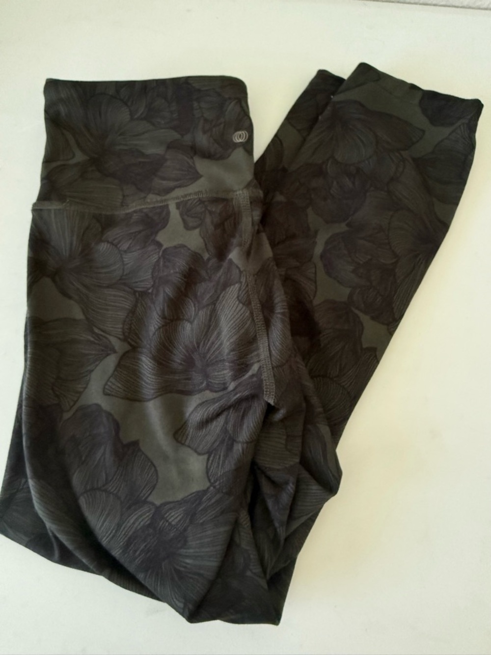 High-Waist Floral Print Leggings - Olive Green & Black